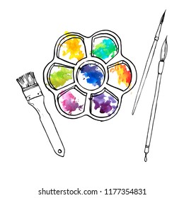 vector drawing art palette with color paints and paintbrushes, hand drawn illustration