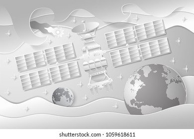 Vector drawing of an artificial satellite of the Earth in white tones on a background of the sky with stars, the Earth and the Moon
