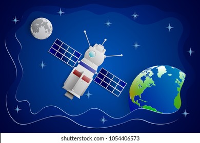 Vector drawing of an artificial satellite rotating around the planet Earth on a blue sky background with stars and the Moon.