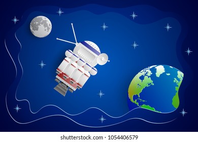 Vector drawing of an artificial satellite rotating around the planet Earth on a blue sky background with stars and the Moon