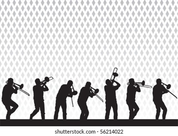 Vector drawing artist with a trombone on stage during a performance