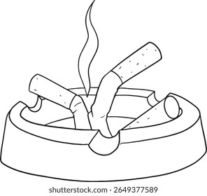 Desenho vetorial de um cinzeiro cheio de pontas de cigarro, com fumaça saindo de uma. Ideal para ilustrar temas como tabagismo, vício, avisos de saúde ou hábitos sujos. Contorno em preto e branco.