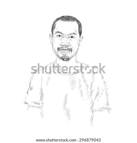 Vector drawing of asian man's portrait with mustache and beard on white