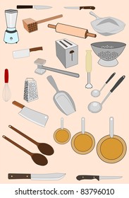 Vector drawing of an assortment of chefs and cooks restaurant kitchen tools.