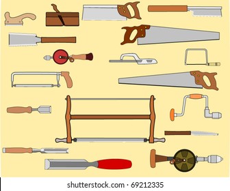 Vector drawing of an assortment of woodworking hand tools, saws, chisels, planes and hand drills.