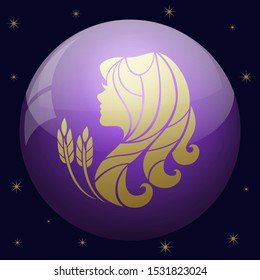 Vector drawing. The astrological symbol is a virgin against the background of a sphere and the starry sky.