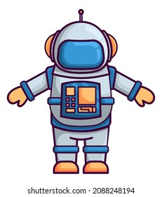 Vector Drawing Of An Astronaut Isolated On A White Background. Astronaut In Cartoon Flat Style. Space Theme, Spacesuit In Simple Eps 10 Vector Format