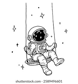 vector drawing of astronaut on swing in doodle style, cosmonaut funny illustration, monoline tattoo sketch 