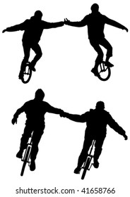 Vector drawing athletes on bicycles with one wheel