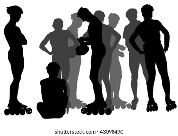Vector drawing athletes on skates. Silhouette on white background