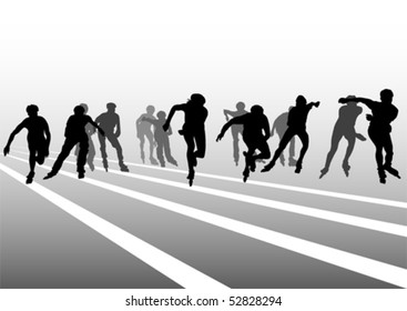 Vector drawing  athletes on skates. Silhouette people