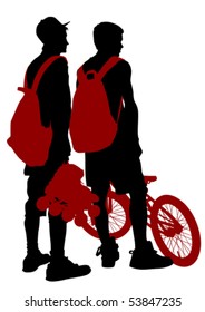 Vector drawing  athletes on skates and bike. Silhouette people