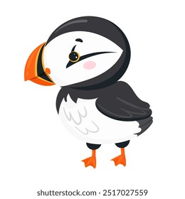 Desenho vetorial do puffin atlântico, pássaro polar com bico colorido isolado no fundo branco. Tipos de aves marinhas polares em formato de vetor plano