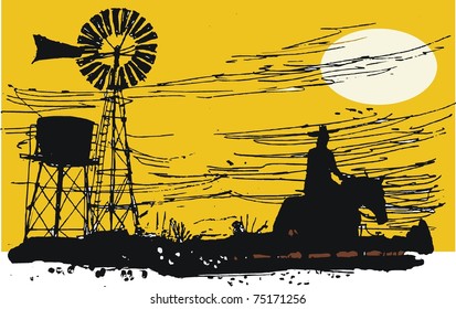 Vector drawing of Australian stockman riding horse at sunset.