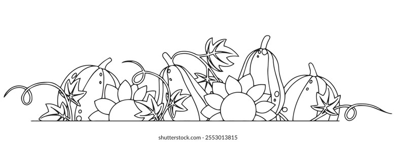 Vector drawing. Autumn composition, bouquet, frame with pumpkins and sunflowers. Thanksgiving coloring book