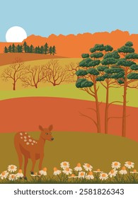 vector drawing autumn landscape with daisy flowers, deer, sun and pine trees, hand drawn illustration