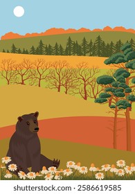 vector drawing autumn landscape with daisy flowers, bear, sun and pine trees, hand drawn illustration