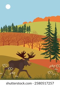 vector drawing autumn landscape with flowers, elk, sun and fir trees, hand drawn illustration