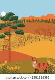 vector drawing autumn landscape with flowers, red fox, sun and pine trees, hand drawn illustration
