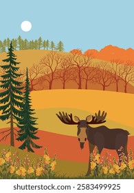 vector drawing autumn landscape with flowers, elk, sun and fir trees, hand drawn illustration