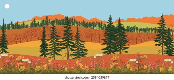 vector drawing autumn landscape with flowers, hills, sun and fir trees, hand drawn illustration