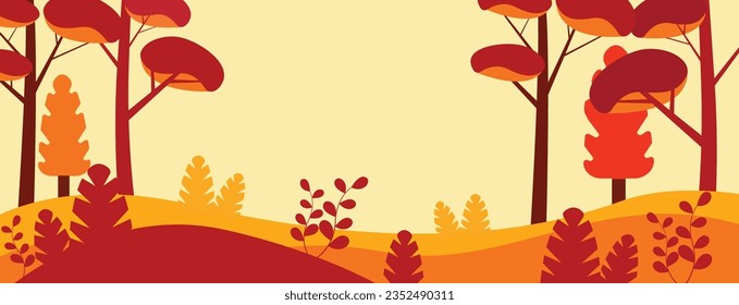 Vector drawing autumn landscape, warm colors. Banner template, design elements.