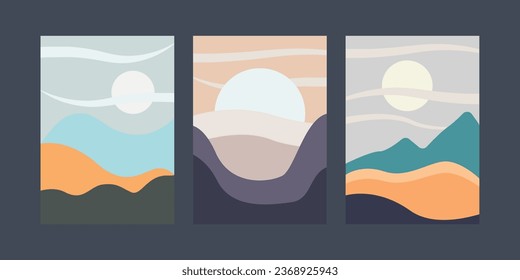 Vector drawing of autumn in the mountains. Banner template, mountains, sun, nature. Design element.