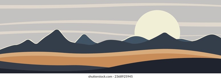 Vector drawing of autumn in the mountains. Banner template, mountains, sun, nature. Design element.