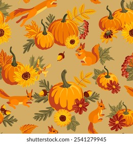 vector drawing autumn seamless pattern with orange pumpkins, flowers, squirrels and leaves, hand drawn illustration