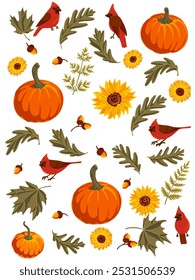 vector drawing autumn set orange pumpkins, flowers, birds and leaves,design elements, hand drawn illustration
