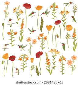 Vektorgrafik herbstlicher Satz von Blumen und Pflanzen auf weißem Hintergrund, florale Elemente, handgezeichnete botanische Illustration