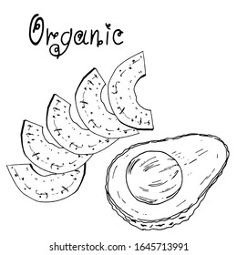 Vector drawing of an avocado and its slices in a graphic style. Ideal for designing menus, healthy food, recipes.