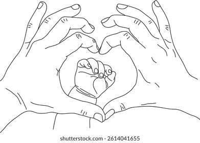 Vector drawing of baby hand inside heart shape made by adult hands, symbolizing unconditional love and protection