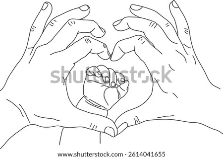 Vector drawing of baby hand inside heart shape made by adult hands, symbolizing unconditional love and protection