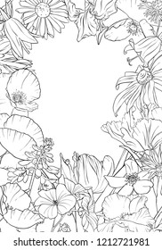 vector drawing background with flowers, floral composition, hand drawn illustration