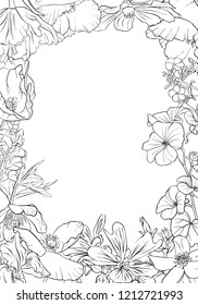 vector drawing background with flowers, floral composition, hand drawn illustration