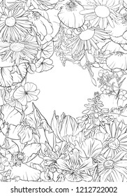 vector drawing background with flowers, floral composition, hand drawn illustration