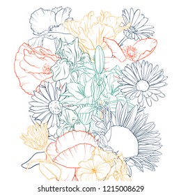 vector drawing background with flowers, floral composition, hand drawn illustration