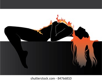 The Vector drawing, background. The Girl and fire.