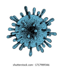 Vektorillustration eines Bakteriums des Coronavirus. Handgezeichnete Skizze. Gravur-Stil. Farbillustration eines Bildes einer viralen Infektionszelle. Covid-19 Corona-Virus, Nahaufnahme. Vergrößerte Mikrobe