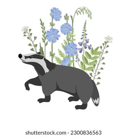 vector drawing badger with blue flowers, hand drawn animal isolated at white background , cartoon style character