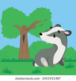 Vector drawing of a badger in a green forest clearing.