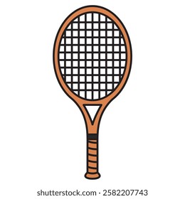 A vector drawing of a badminton racket, featuring a lightweight frame with a long handle and a tightly strung oval head. 