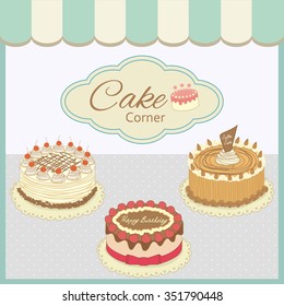 Vector drawing bakery cafe.The cakes show on shop window and decorate with awning.Vintage theme and pastel color tone.