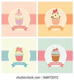 Vector drawing bakery cafe.The cupcakes decoration with background and ribbon.Vintage style pastel color.