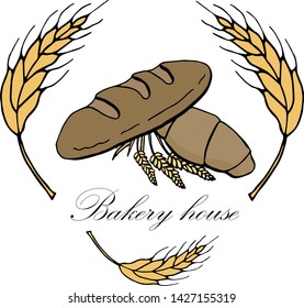 Vector drawing of bakery products drawn by hand. Cartoon image of fresh pastries and wheat ears. Emblem in the form of illustrations for signs bakery with a place for the name. Baker's family crest.2