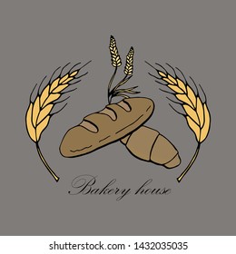 Vector drawing of bakery products drawn by hand. Cartoon image of fresh pastries and wheat ears. Emblem in the form of illustrations for signs bakery with a place for the name. Baker's family crest.1