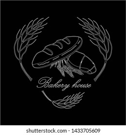 Vector drawing of bakery products drawn by hand. Cartoon image of baking and wheat ears drawn with chalk on the Board. Emblem in the form of illustrations for signs bakery with a place for the name.14