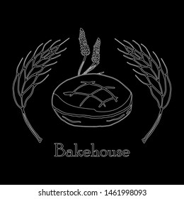 Vector drawing of bakery products drawn by hand. Cartoon image of baking and wheat ears drawn with chalk on the Board. Emblem in the form of illustrations for signs bakery with a place for the name.