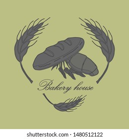 Vector drawing of bakery products drawn by hand.Cartoon image of baking and wheat ears drawn with chalk on the Board.Emblem in the form of illustrations for signs bakery with a place for the name.14_0